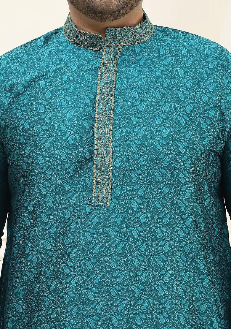 Teal Blue Thread Work Poly Blend Kurta For Men