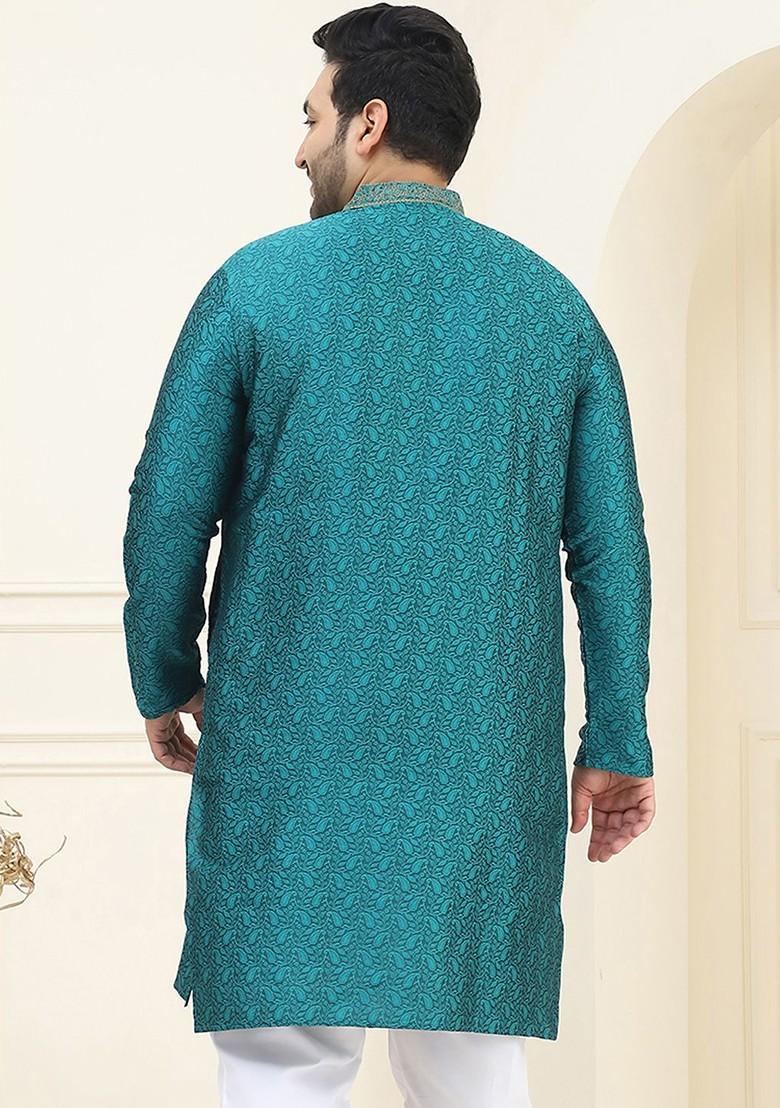 Teal Blue Thread Work Poly Blend Kurta For Men