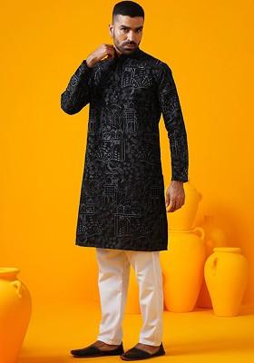 Black Thread Work Poly Blend Kurta For Men