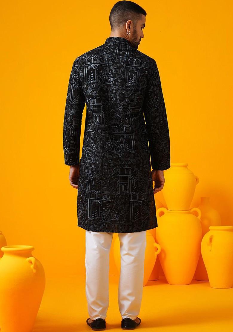 Black Thread Work Poly Blend Kurta For Men