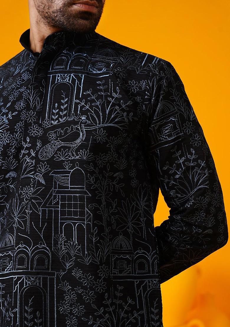 Black Thread Work Poly Blend Kurta For Men