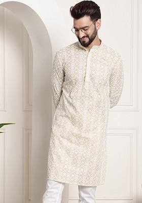 Beige Thread Work Cotton Kurta For Men