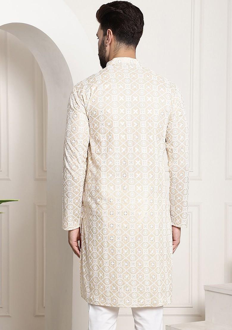 Beige Thread Work Cotton Kurta For Men