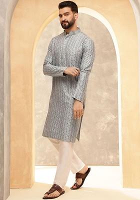 Blue Thread Work Poly Blend Kurta For Men
