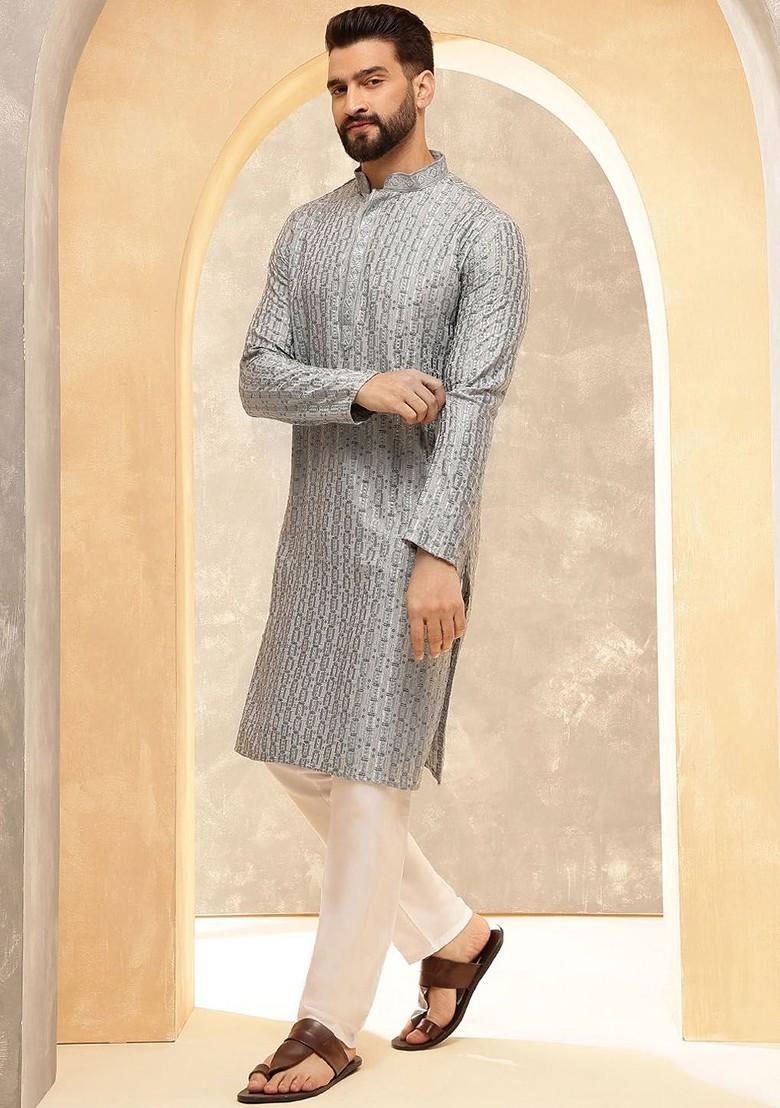 Blue Thread Work Poly Blend Kurta For Men