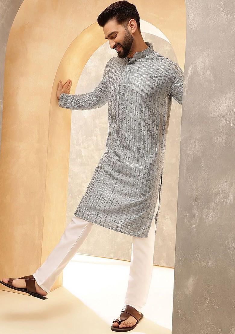 Blue Thread Work Poly Blend Kurta For Men