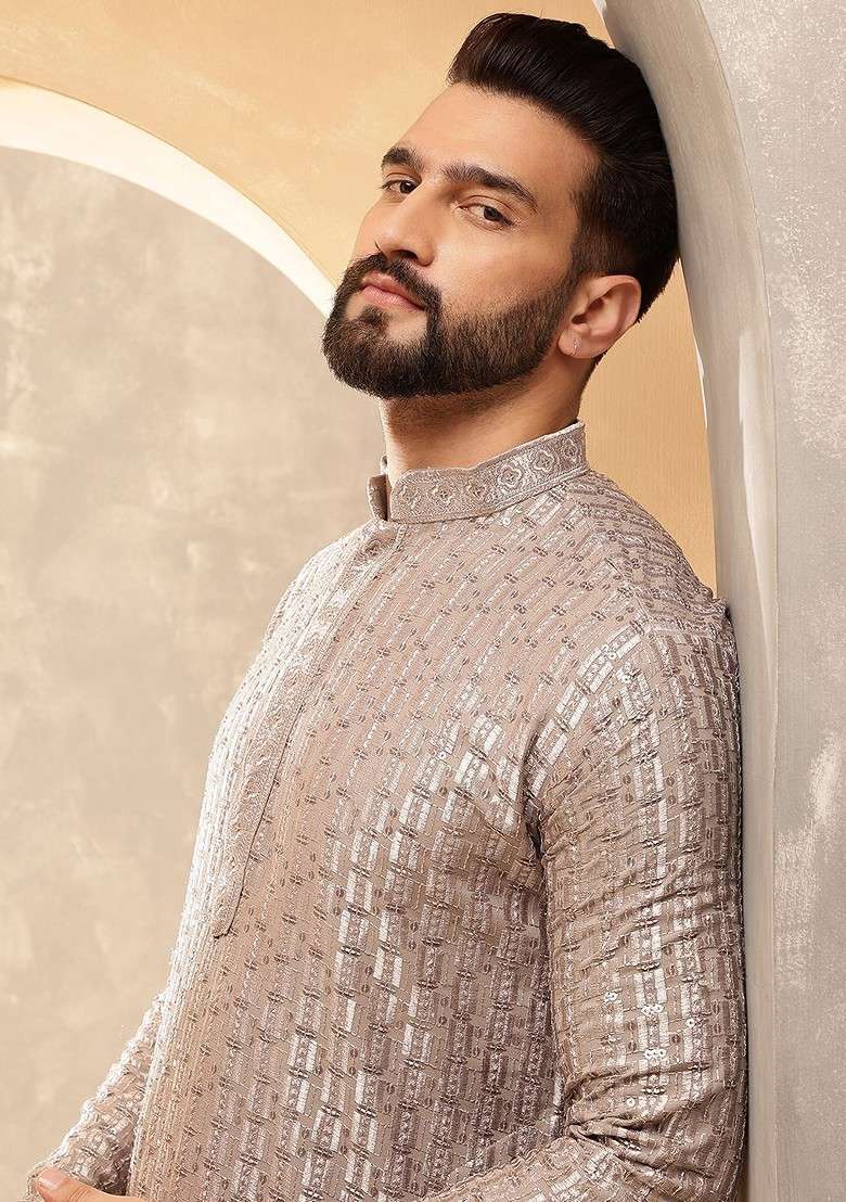 Brown Thread Work Poly Blend Kurta For Men - Indya