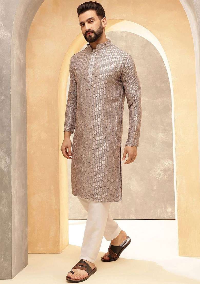Brown Thread Work Poly Blend Kurta For Men - Indya