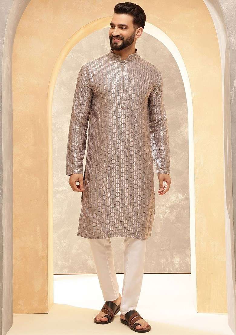 Brown Thread Work Poly Blend Kurta For Men - Indya