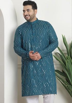 Teal Blue Embroidered Poly Blend Kurta For Men