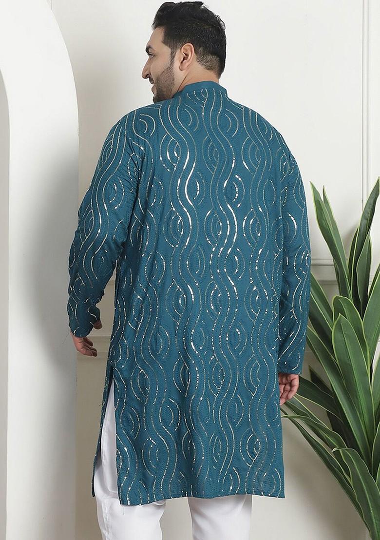 Teal Blue Embroidered Poly Blend Kurta For Men