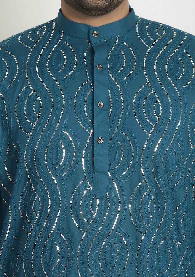 Teal Blue Embroidered Poly Blend Kurta For Men