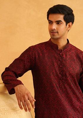 Maroon Printed Poly Blend Kurta For Men