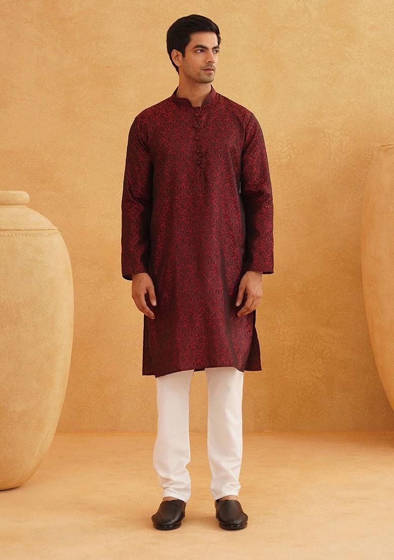 Maroon Printed Poly Blend Kurta For Men