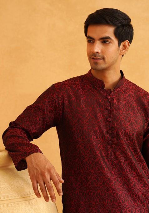 Maroon Printed Poly Blend Kurta For Men
