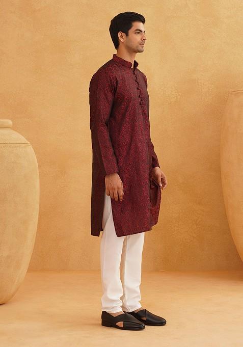 Maroon Printed Poly Blend Kurta For Men