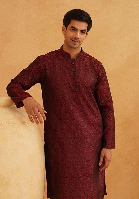 Maroon Printed Poly Blend Kurta For Men