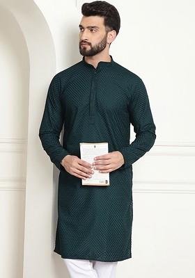 Green Embroidered Cotton Kurta For Men