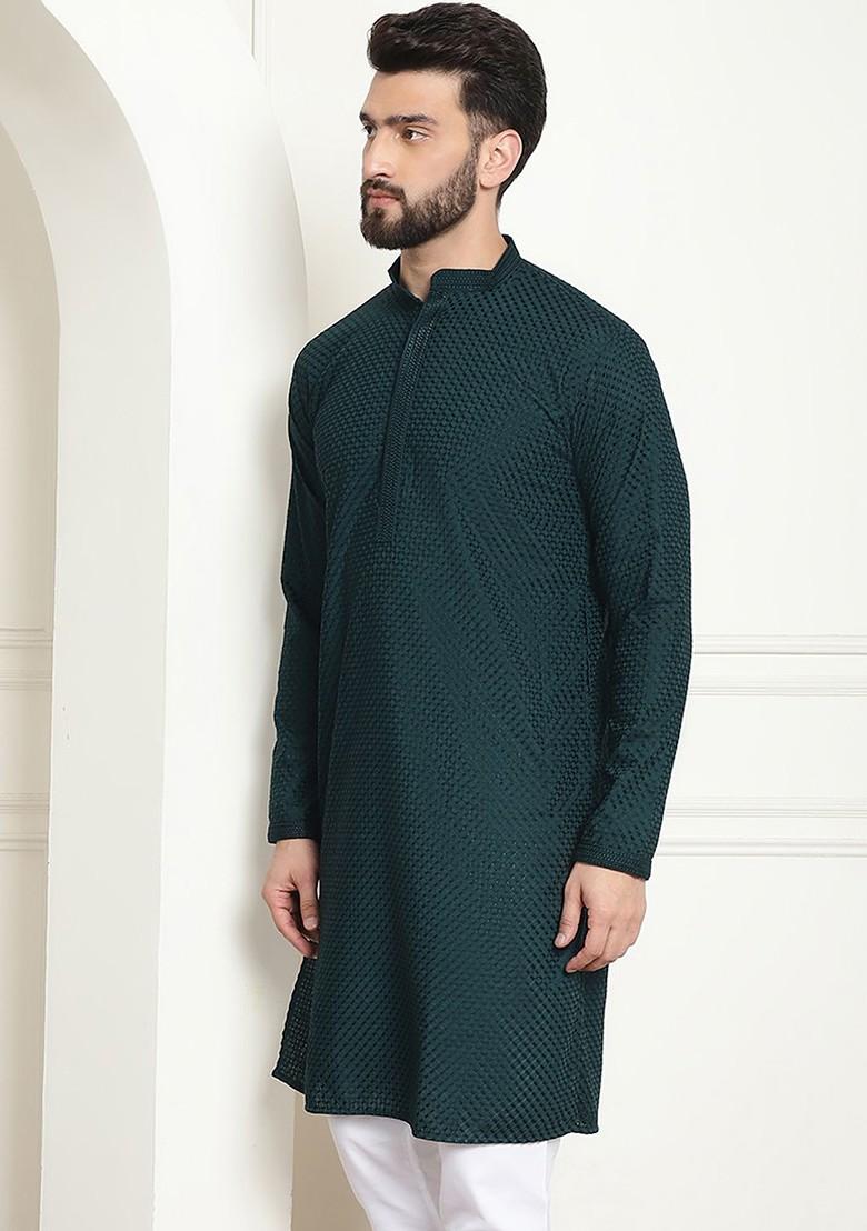 Green Embroidered Cotton Kurta For Men