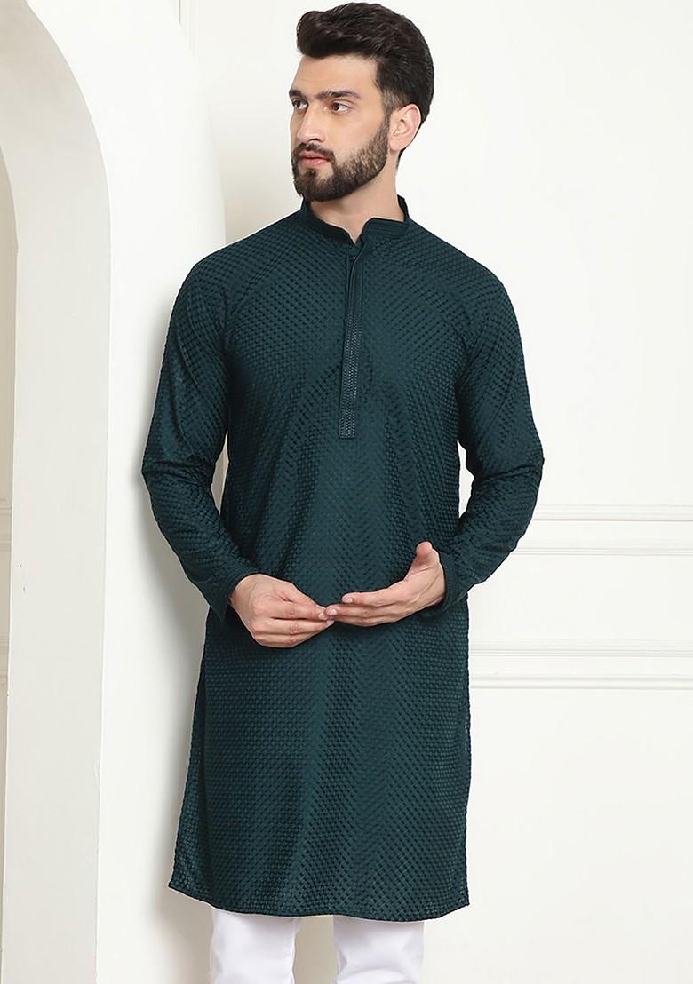 Green Embroidered Cotton Kurta For Men