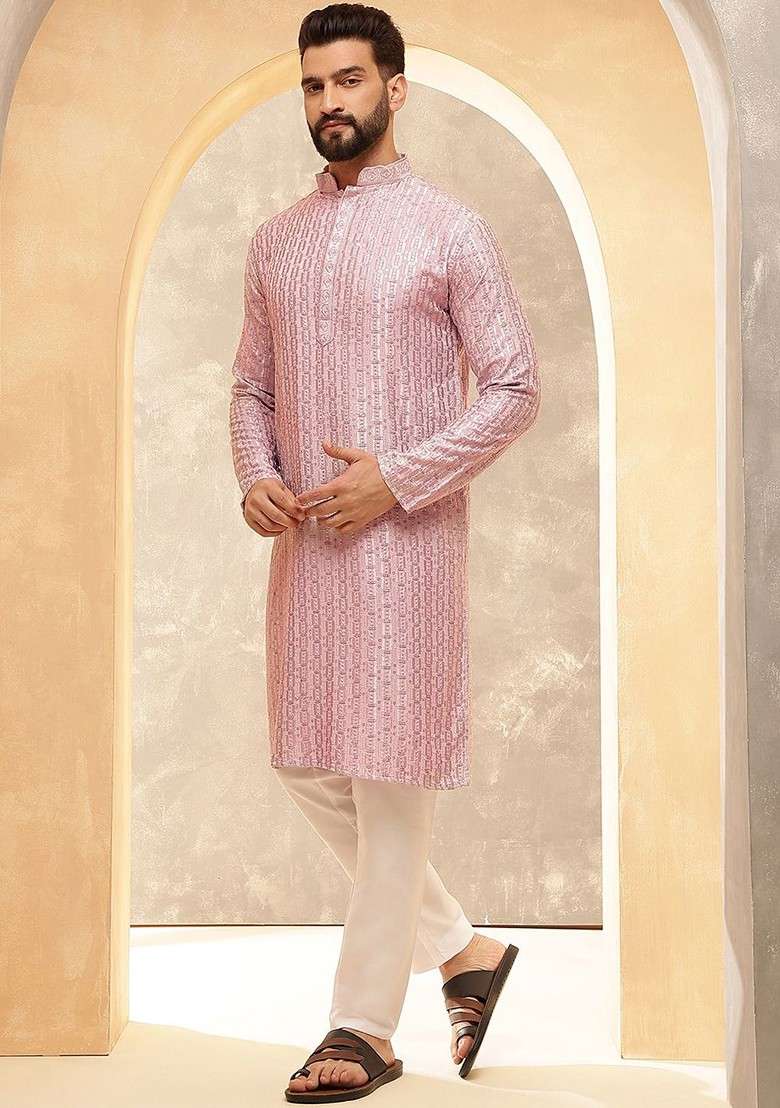 Pink Thread Work Poly Blend Kurta For Men - Indya
