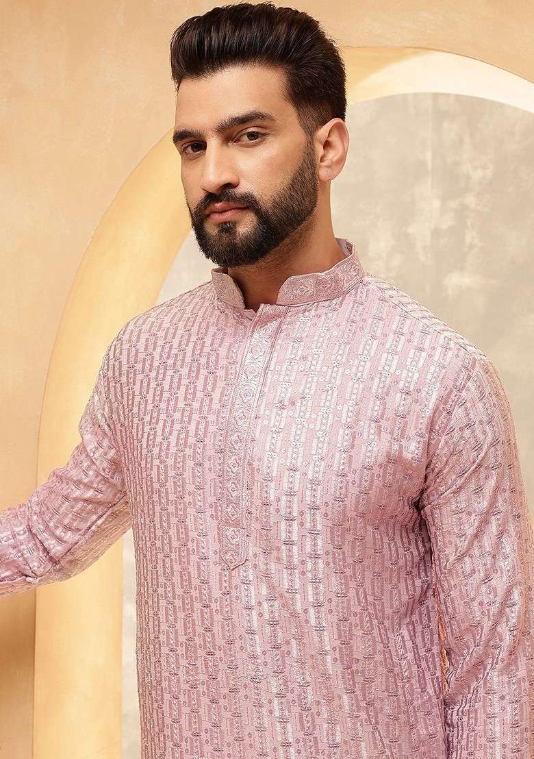 Pink Thread Work Poly Blend Kurta For Men - Indya