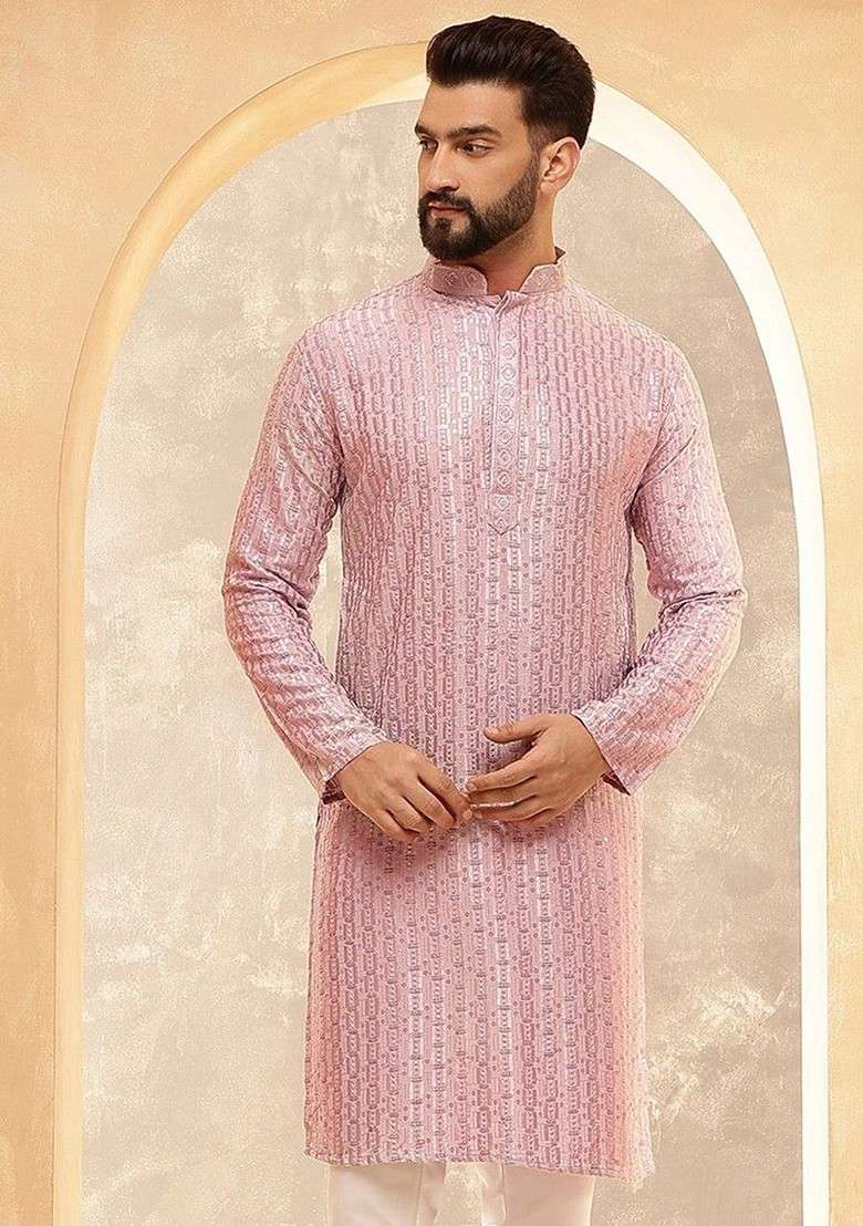 Pink Thread Work Poly Blend Kurta For Men - Indya