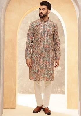 Red Embroidered Cotton Kurta For Men