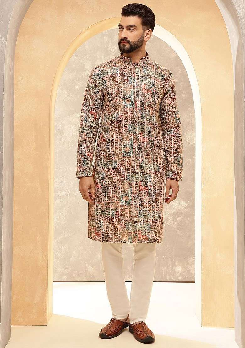 Red Embroidered Cotton Kurta For Men - Indya