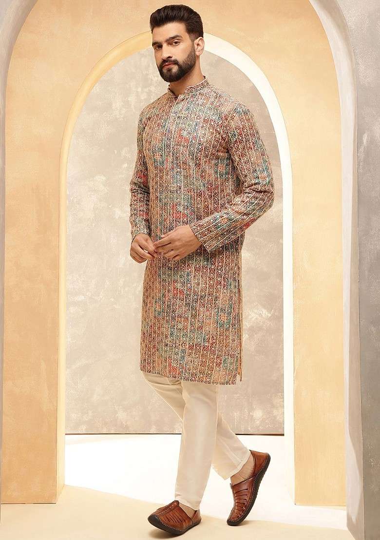 Red Embroidered Cotton Kurta For Men - Indya