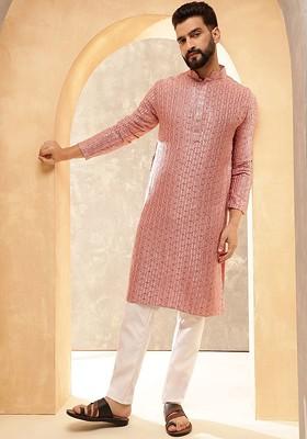 Coral Pink Thread Work Poly Blend Kurta For Men