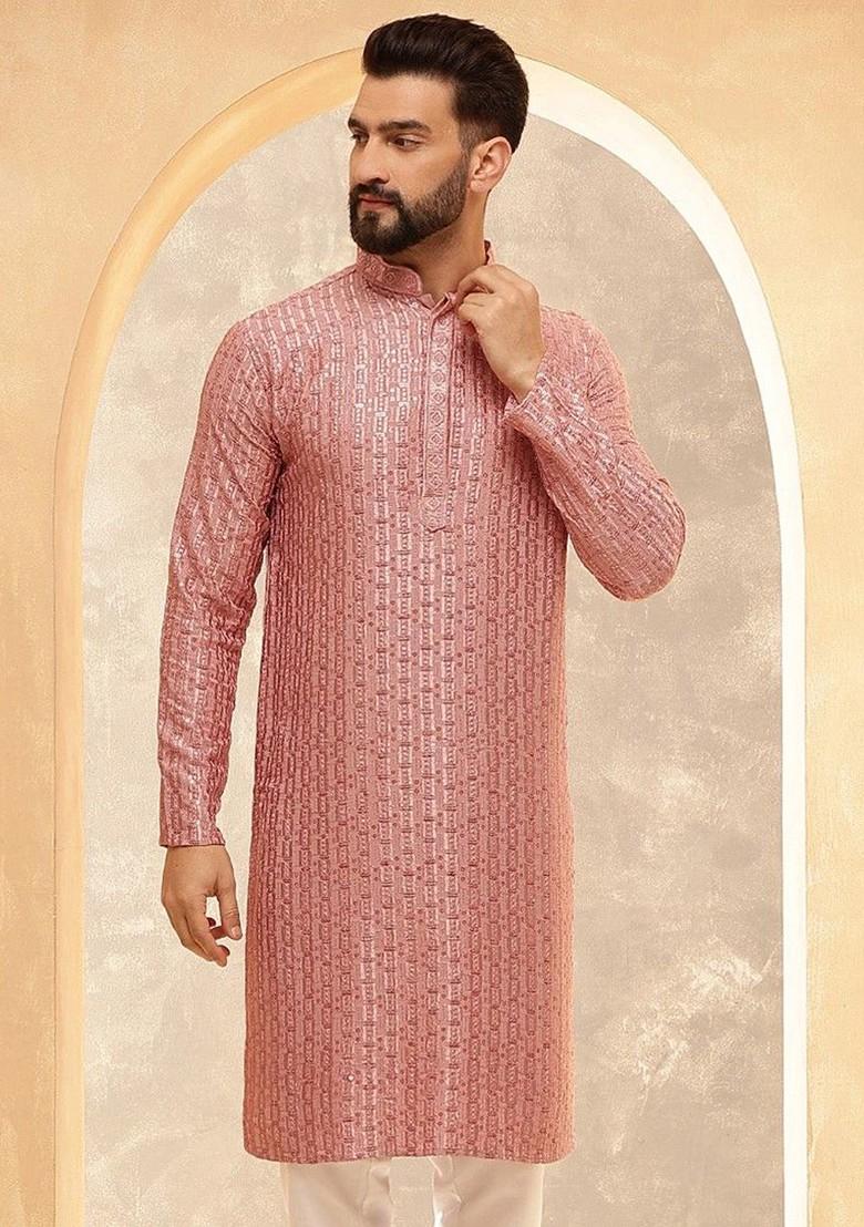 Coral Pink Thread Work Poly Blend Kurta For Men