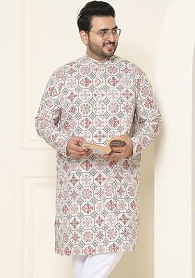 Beige Ethnic Motifs Poly Blend Kurta For Men