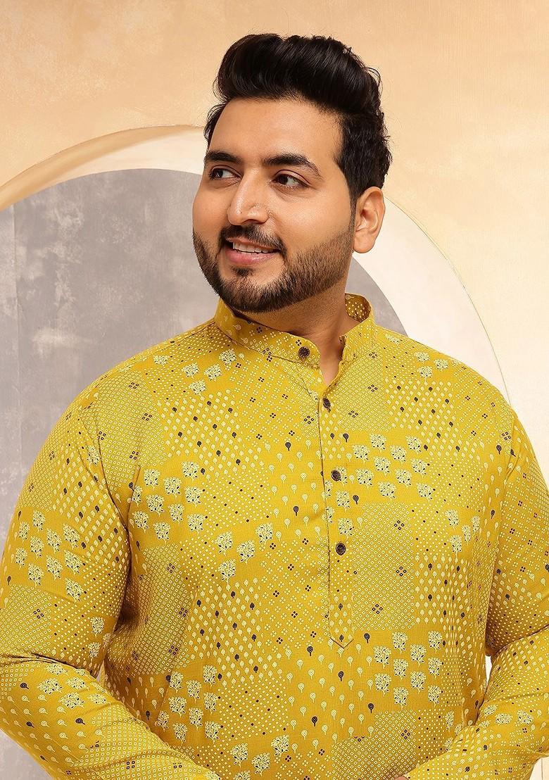 Yellow Printed Poly Blend Kurta For Men