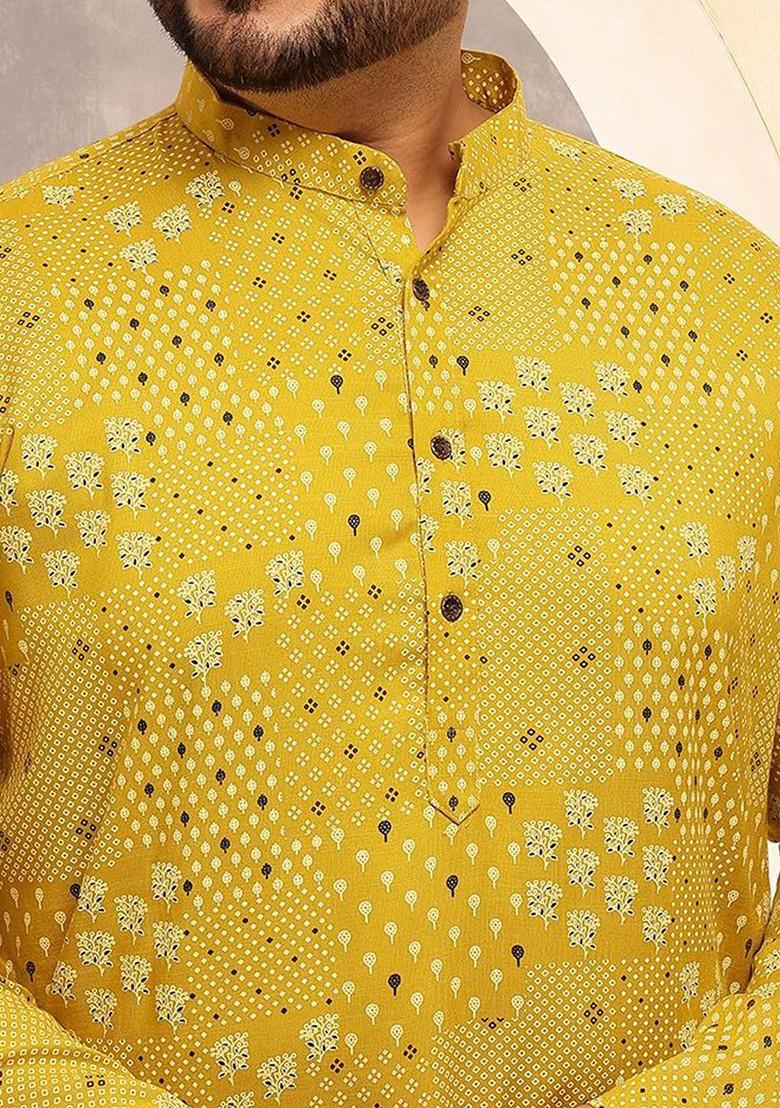 Yellow Printed Poly Blend Kurta For Men