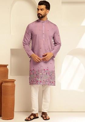 Purple Embroidered Cotton Kurta For Men