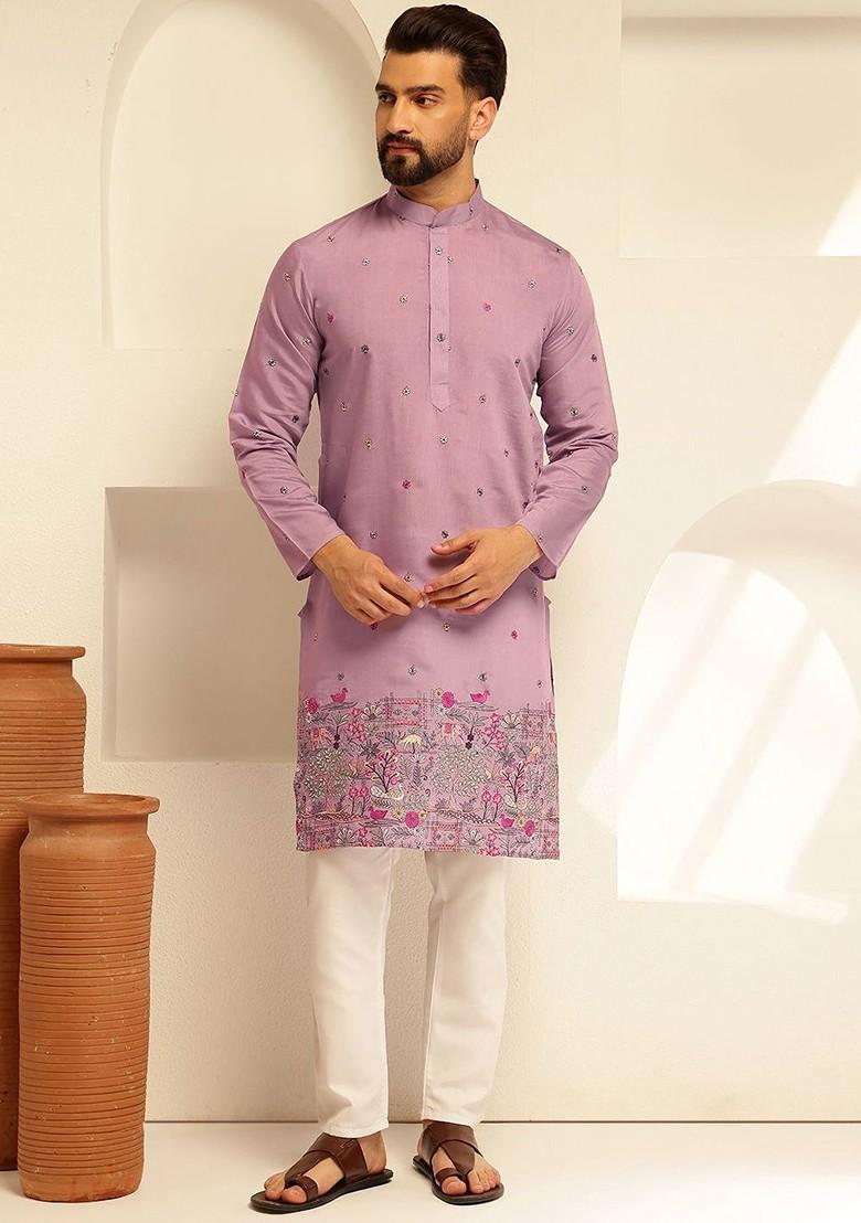 Purple Embroidered Cotton Kurta For Men