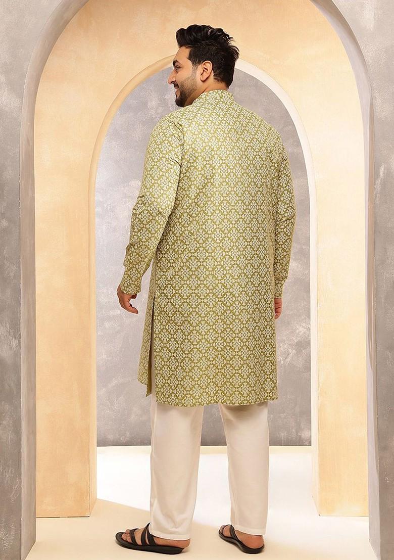 Green Printed Poly Blend Kurta For Men