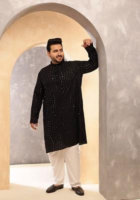 Black Embroidered Poly Blend Kurta For Men