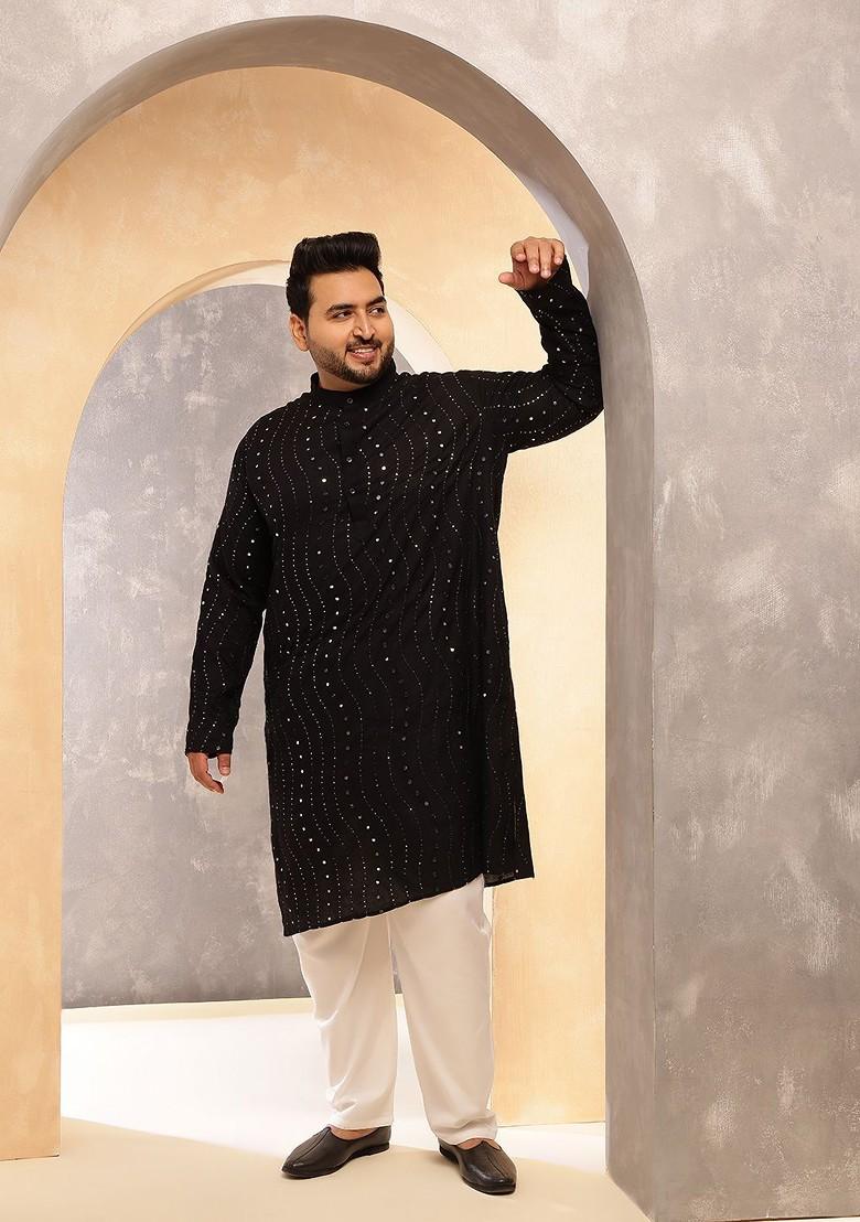 Black Embroidered Poly Blend Kurta For Men