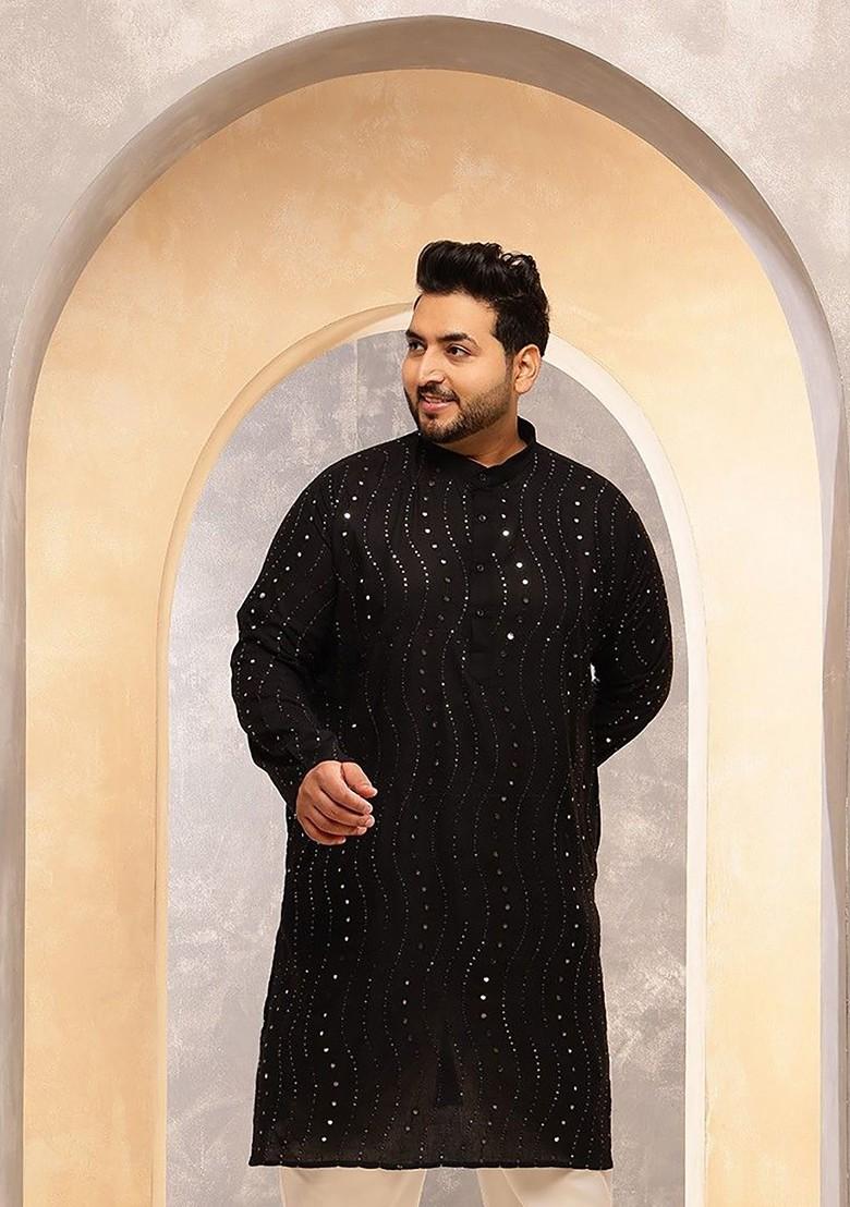 Black Embroidered Poly Blend Kurta For Men