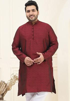 Maroon Embroidered Cotton Kurta For Men