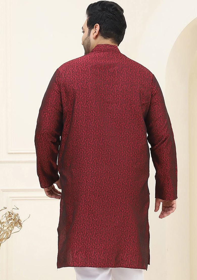 Maroon Embroidered Cotton Kurta For Men