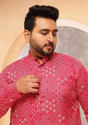 Pink Printed Cotton Kurta For Men