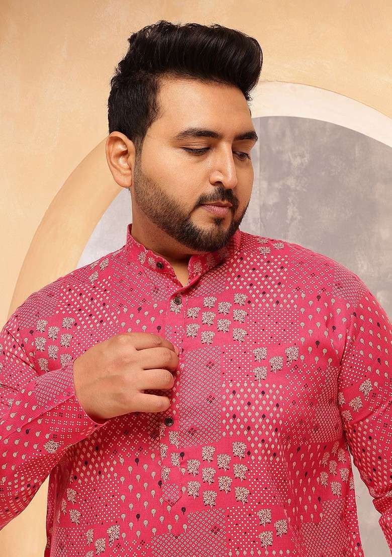 Pink Printed Cotton Kurta For Men - Indya