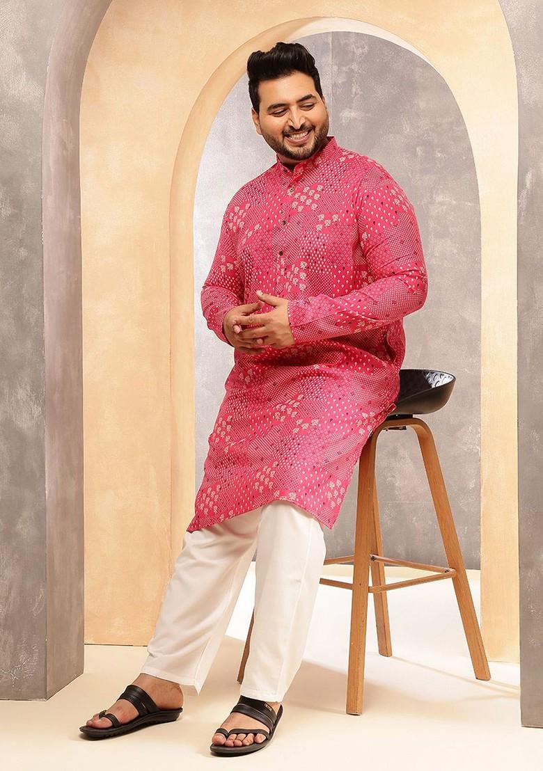 Pink Printed Cotton Kurta For Men