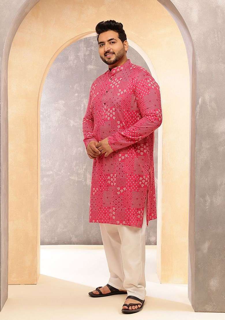 Pink Printed Cotton Kurta For Men - Indya
