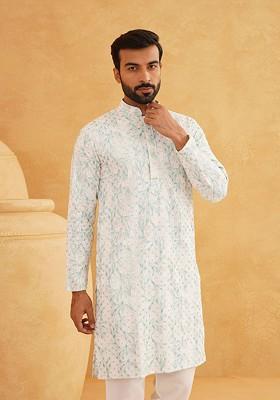 Green Embroidered Cotton Kurta For Men