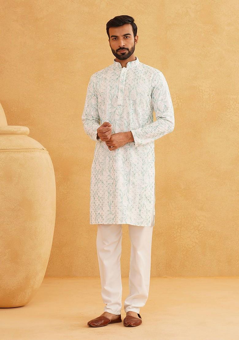 Green Embroidered Cotton Kurta For Men