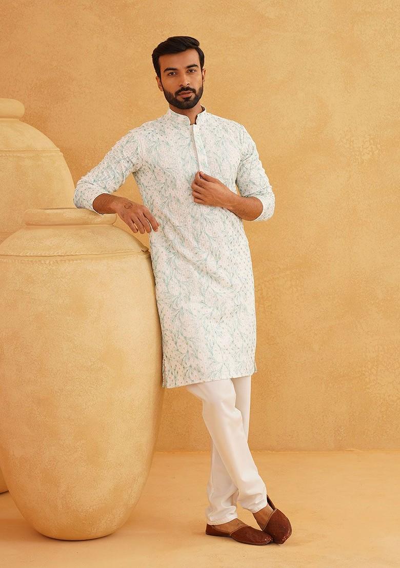 Green Embroidered Cotton Kurta For Men
